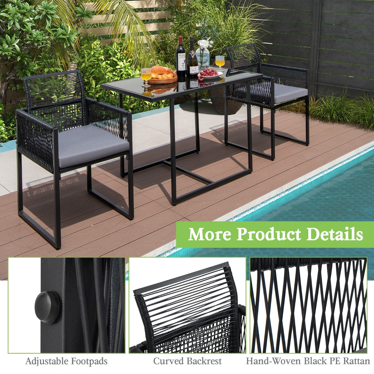 LIVSK 3-delige Terras-eetset - Ruime Tafel van Gehard Glas 108 cm - Comfortabele Stoelen met Kussens - Ruimtebesparend - Zwart