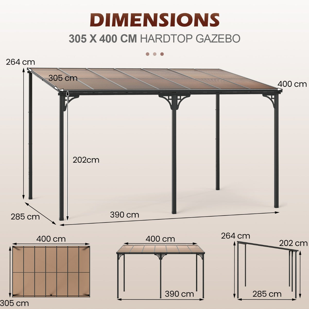 LIVSK Hardtop Paviljoen 305 x 400 cm - Polycarbonaat Dak - Muurbevestiging - Windbestendig - Voor Buitenleven - Zwart