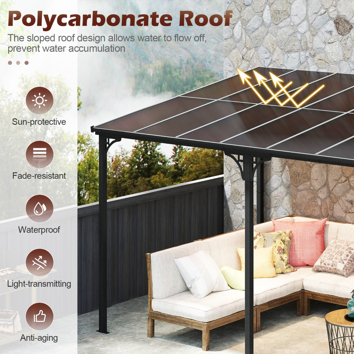 LIVSK Hardtop Paviljoen 305 x 400 cm - Polycarbonaat Dak - Muurbevestiging - Windbestendig - Voor Buitenleven - Zwart