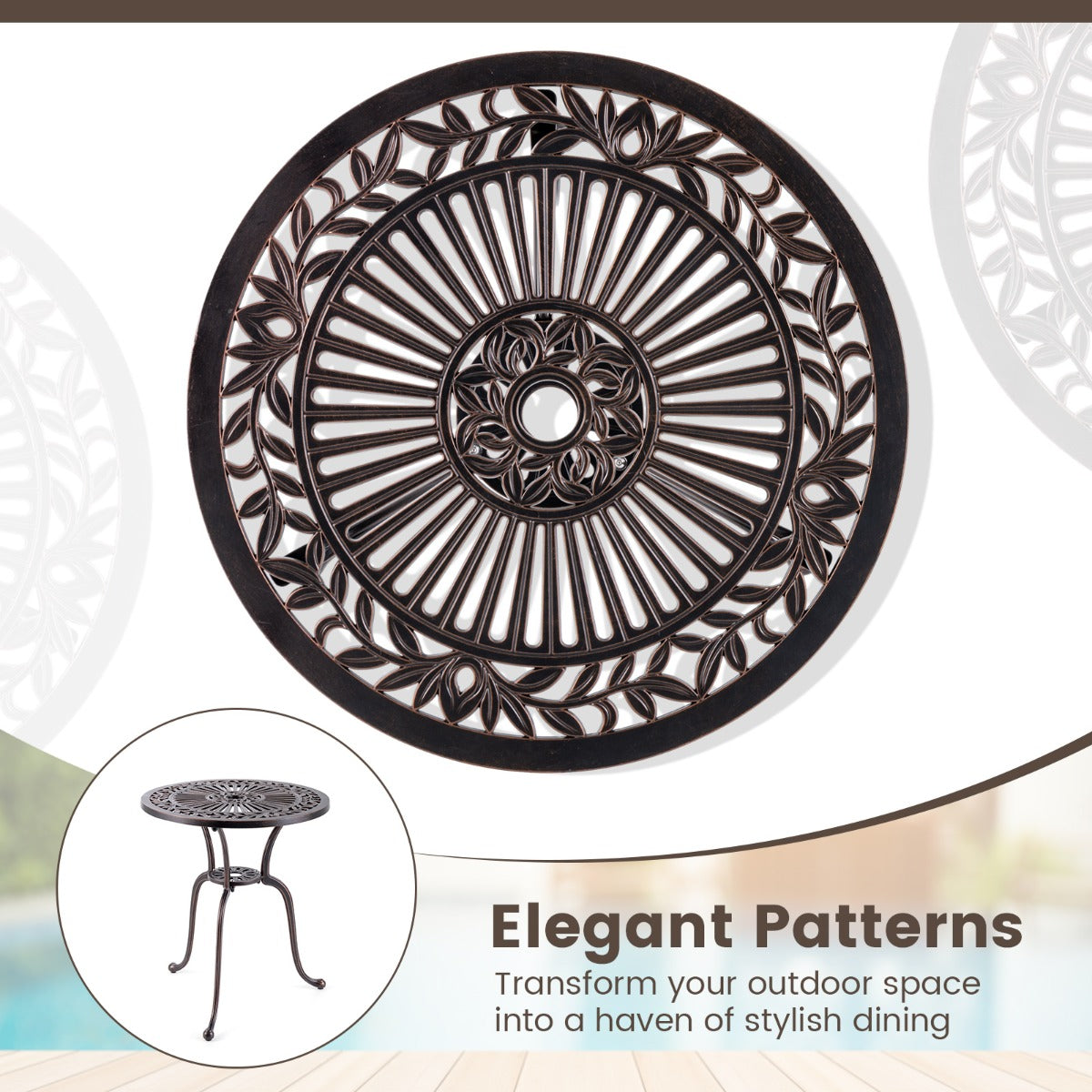 LIVSK Ronde Terrastafel - Gegoten Aluminium met Parasolgat - Elegante Stabiliteit - Voor Buiten - 61 x 71 cm - Brons