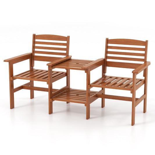 LIVSK Weerbestendige Tuinzitset - Massief Hout - Ergonomisch Comfort - Tafel met Parasolgat - 159,5 x 61,5 x 88 cm - Natuurlijk