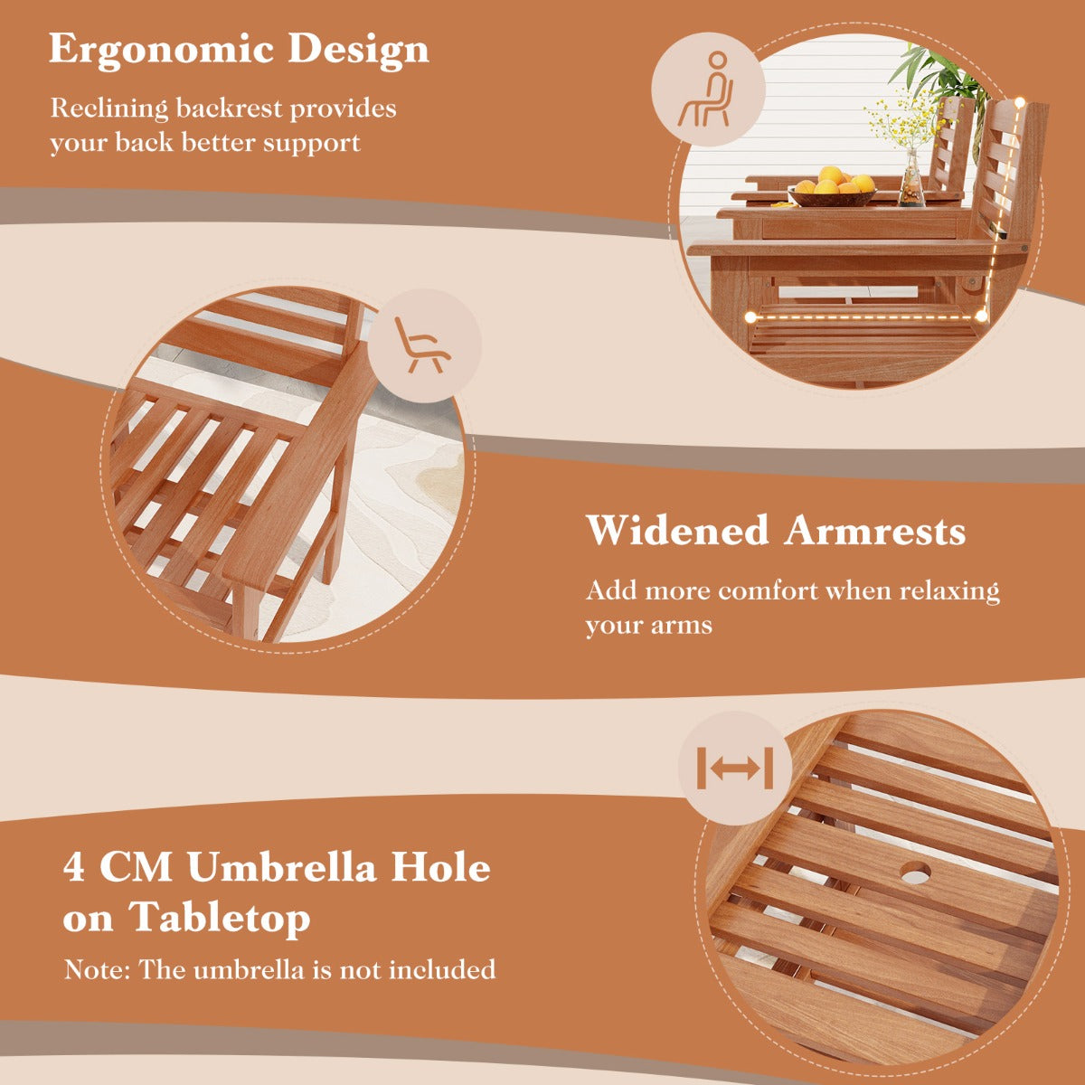 LIVSK Weerbestendige Tuinzitset - Massief Hout - Ergonomisch Comfort - Tafel met Parasolgat - 159,5 x 61,5 x 88 cm - Natuurlijk