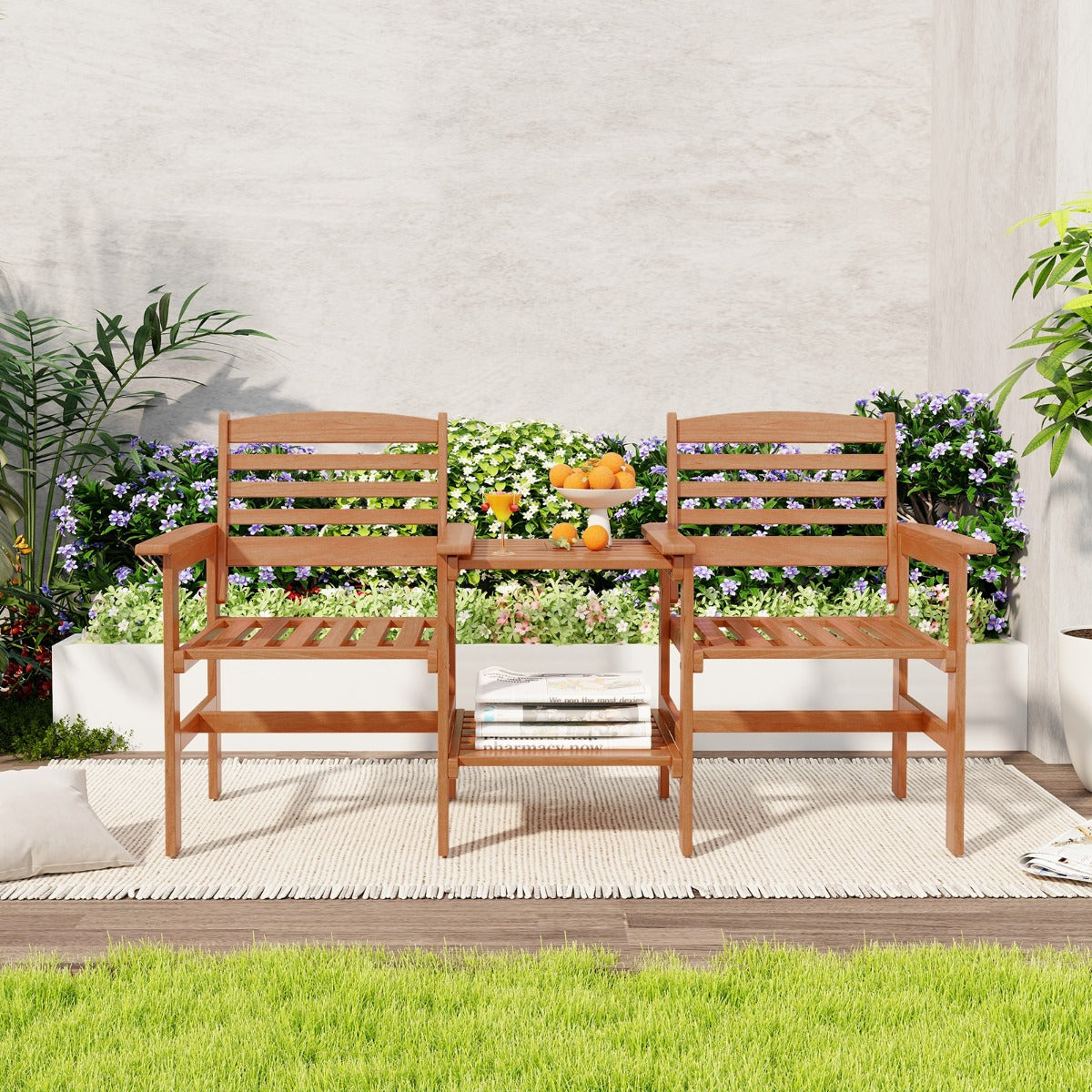 LIVSK Weerbestendige Tuinzitset - Massief Hout - Ergonomisch Comfort - Tafel met Parasolgat - 159,5 x 61,5 x 88 cm - Natuurlijk