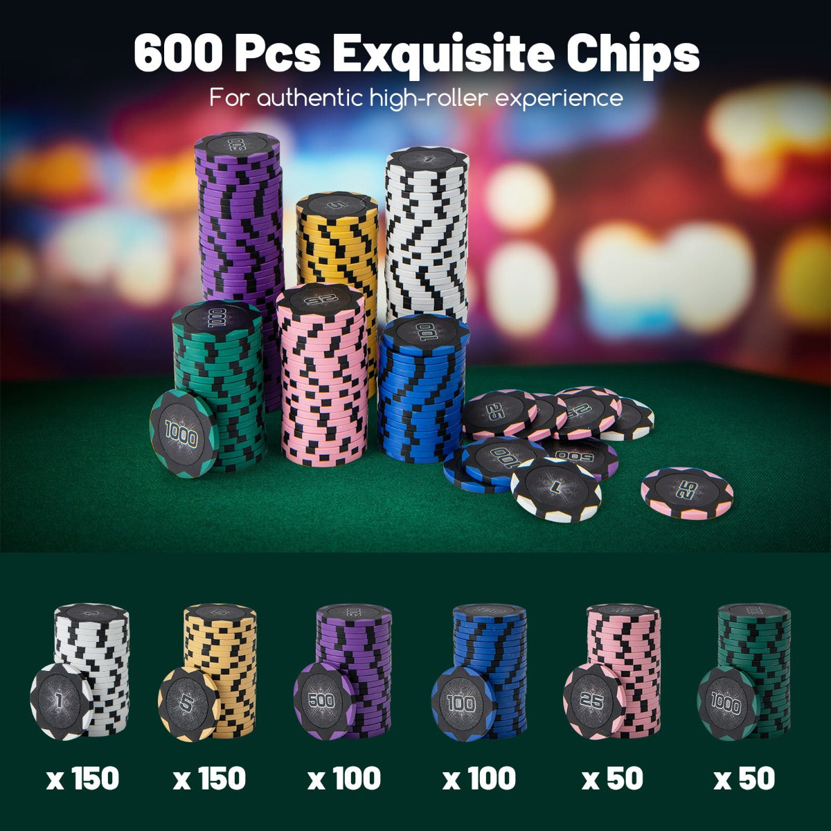 LIVSK Casino Poker Set - 600 Chips - 6 Kaartdecks - 5 Dobbelstenen - Dealerknoppen - Inclusief Koffer - Zwart