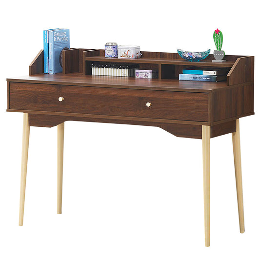 LIVSK Moderne Schrijftafel met Grote Lade - Stevige Rubberhouten Poten - 2 Lagen Boekenplank - Voor Woonkamer en Kantoor - Bruin