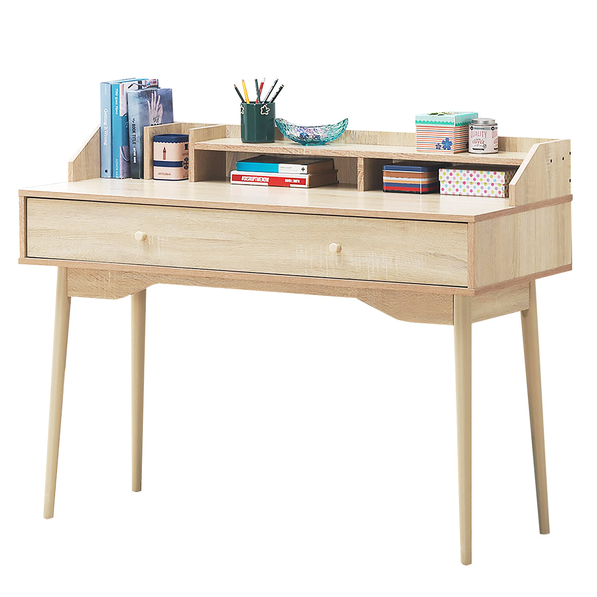 LIVSK Schrijftafel - Ruim Tafelblad - Grote Lade - Boekenplank - Stevige Rubberhouten Poten - 120 x 50 x 93 cm - Zoals afgebeeld