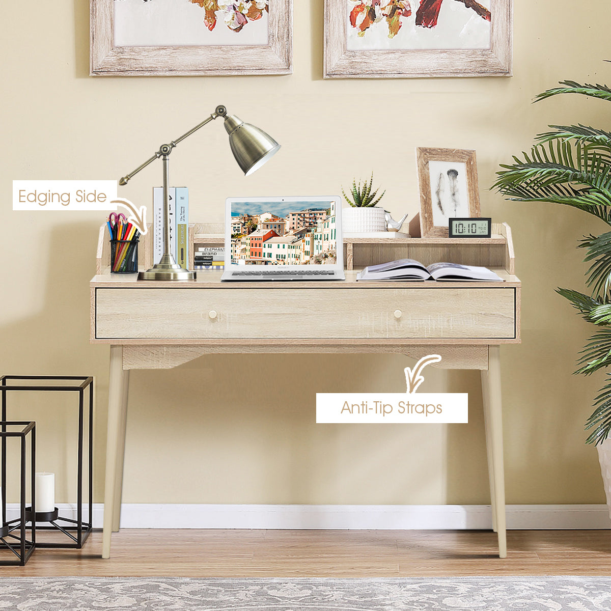 LIVSK Schrijftafel - Ruim Tafelblad - Grote Lade - Boekenplank - Stevige Rubberhouten Poten - 120 x 50 x 93 cm - Zoals afgebeeld