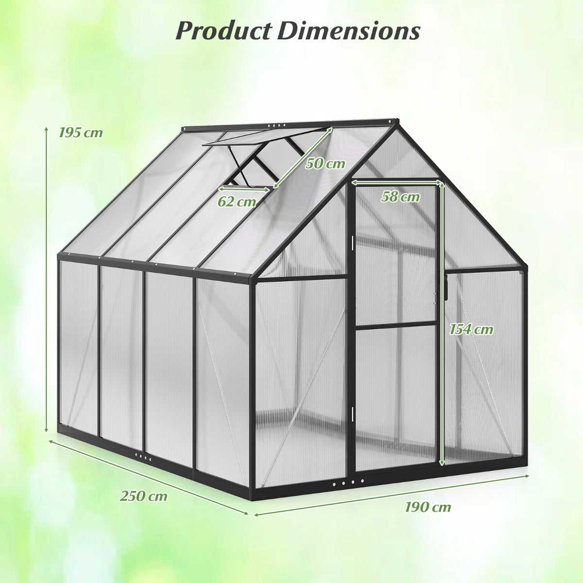 LIVSK mini-kas om in te lopen - Ventileerbaar dakraam - Aluminiumlegering Frame - 250 x 190 x 195 cm - Transparant/zwart