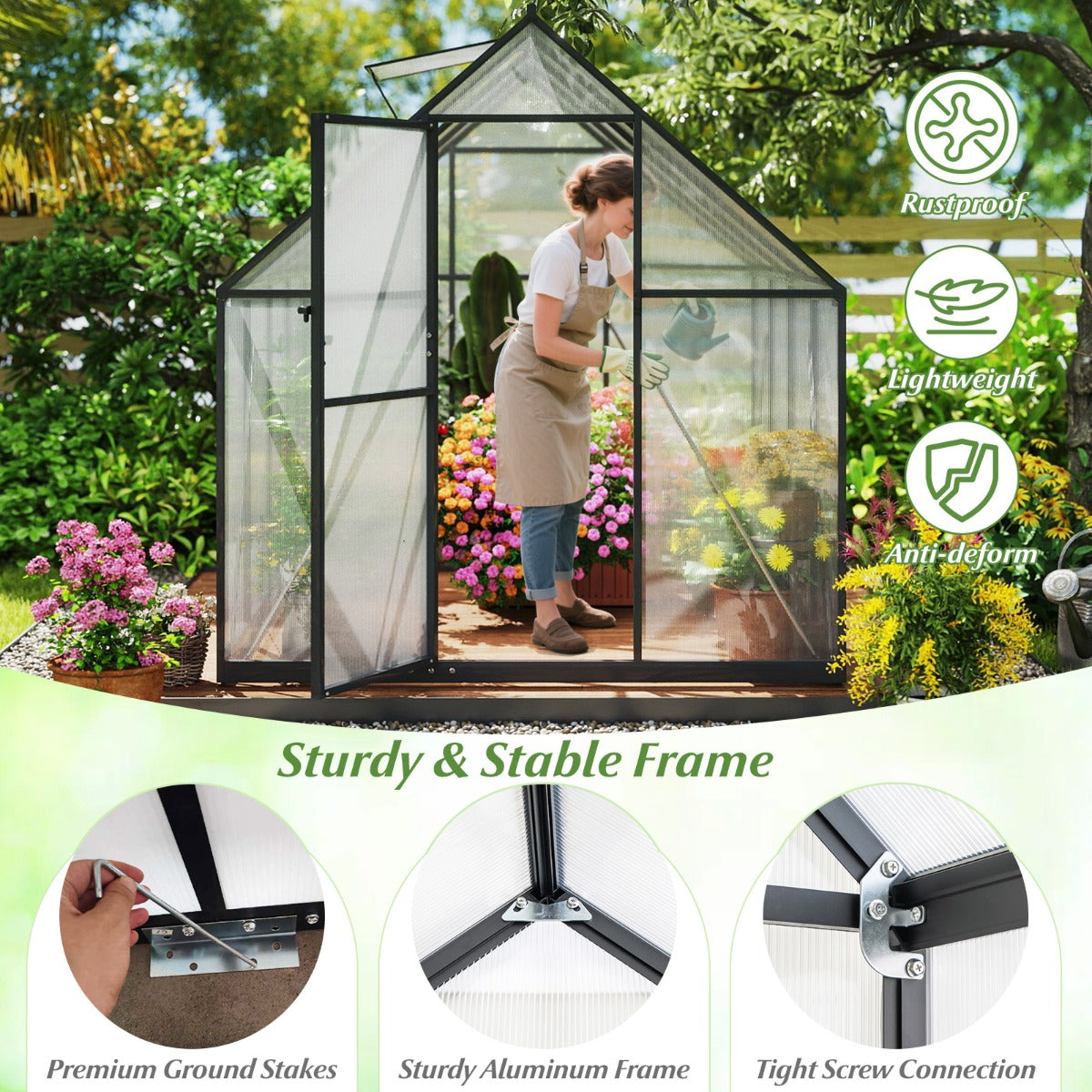 LIVSK mini-kas om in te lopen - Ventileerbaar dakraam - Aluminiumlegering Frame - 250 x 190 x 195 cm - Transparant/zwart