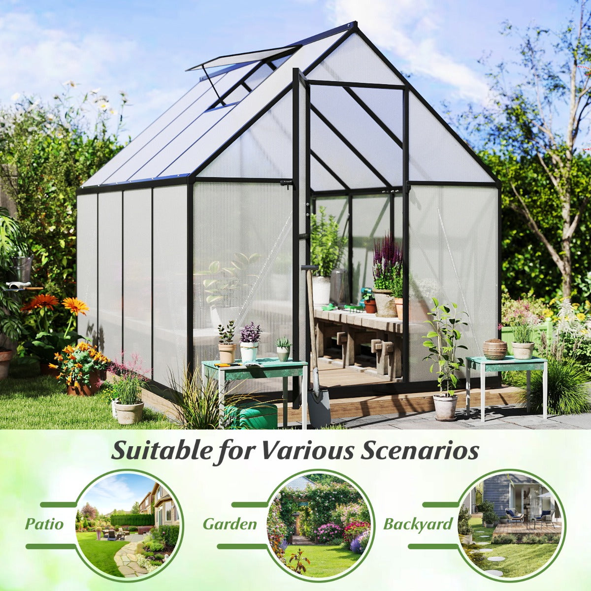 LIVSK mini-kas om in te lopen - Ventileerbaar dakraam - Aluminiumlegering Frame - 250 x 190 x 195 cm - Transparant/zwart
