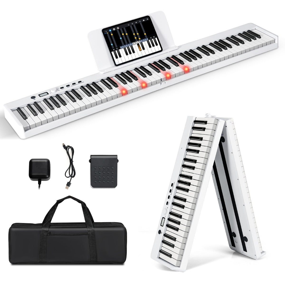 LIVSK Digitale Piano met Toetsenbord - 128 Tonen, 128 Ritmes, 20 Demo's - Inklapbaar met Draagtas - Wit