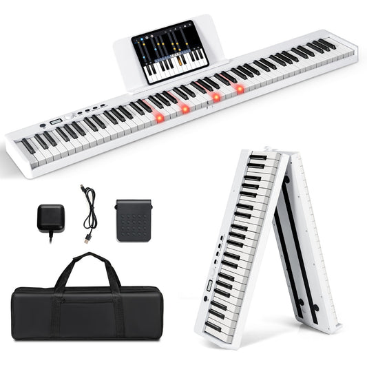 LIVSK Digitale Piano met Toetsenbord - 128 Tonen, 128 Ritmes, 20 Demo's - Inklapbaar met Draagtas - Wit
