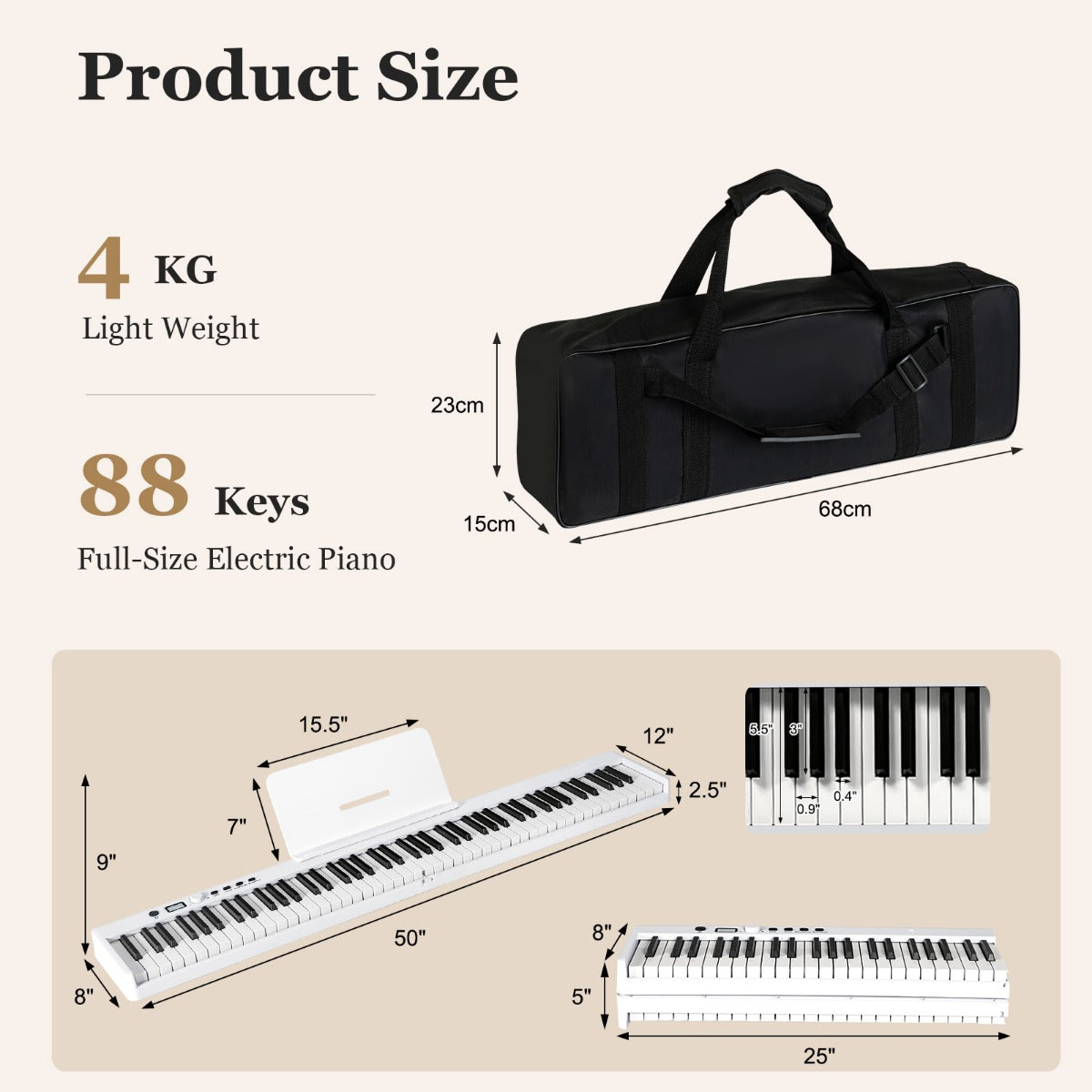 LIVSK Digitale Piano met Toetsenbord - 128 Tonen, 128 Ritmes, 20 Demo's - Inklapbaar met Draagtas - Wit