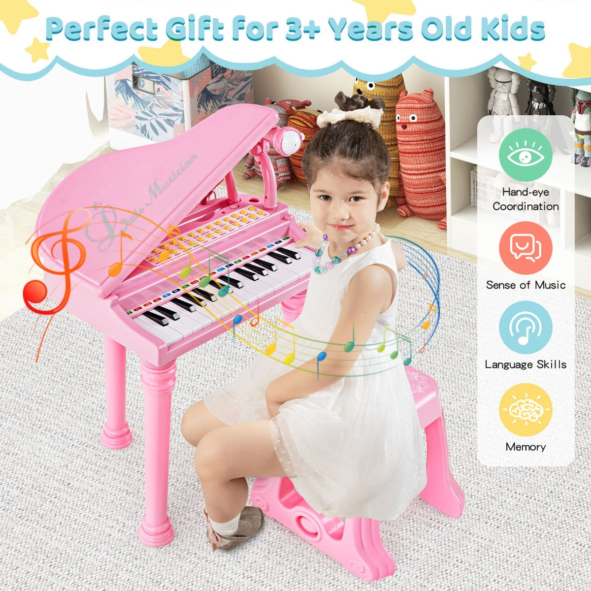 LIVSK Speelgoedpiano Toetsenbord voor Kinderen - 31 Toetsen, LED-Leermodi, Karaoke, Opnamefunctie - Inclusief Microfoon - Roze