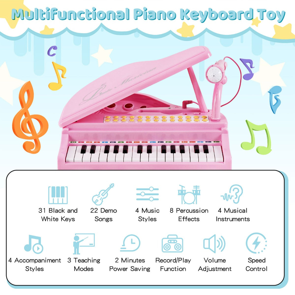 LIVSK Speelgoedpiano Toetsenbord voor Kinderen - 31 Toetsen, LED-Leermodi, Karaoke, Opnamefunctie - Inclusief Microfoon - Roze