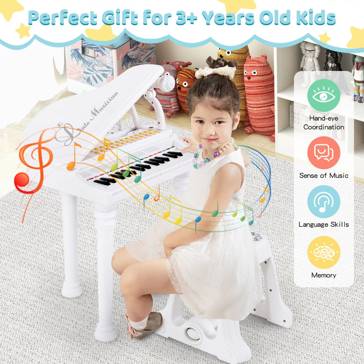 LIVSK Multifunctioneel Pianotoetsenbord voor Kinderen - 31 Toetsen - 22 Demosongs - LED-Leermodus - Inclusief Kruk en Microfoon -