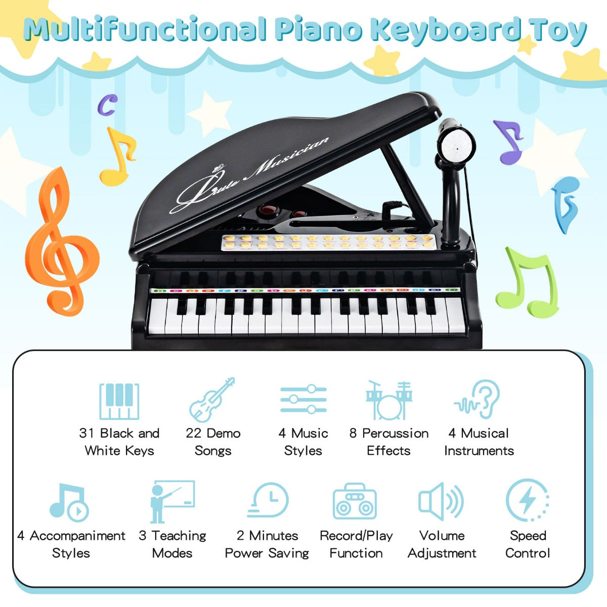 LIVSK Multifunctionele Speelgoedpiano voor Kinderen - 31 Toetsen - 22 Demosongs - LED-Leermodus - Inclusief Kruk en Microfoon -