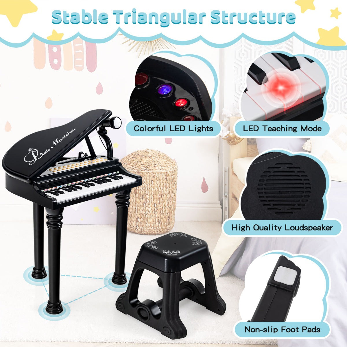 LIVSK Multifunctionele Speelgoedpiano voor Kinderen - 31 Toetsen - 22 Demosongs - LED-Leermodus - Inclusief Kruk en Microfoon -