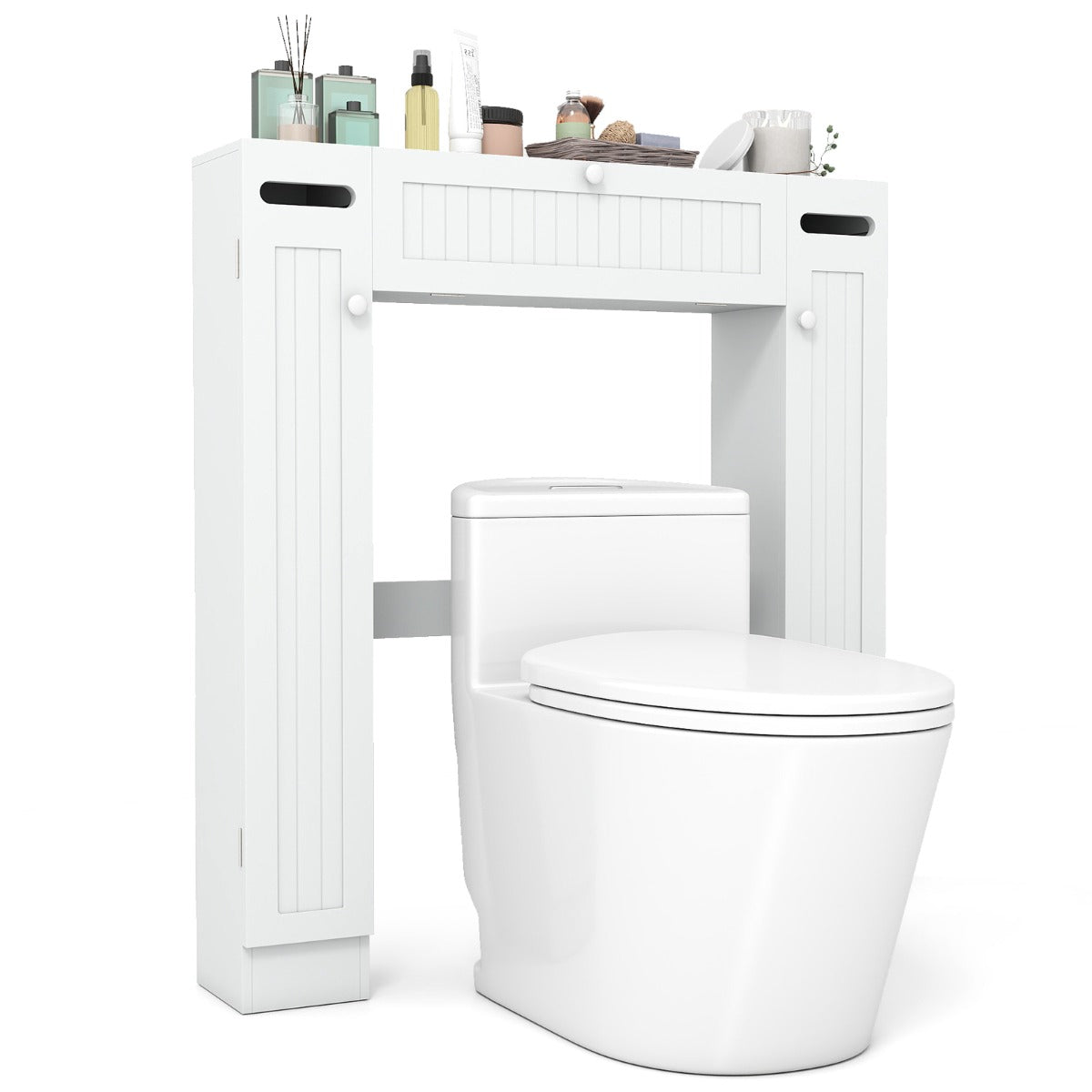 Livsk costway toiletkast boven toilet vrijstaande bovenkast met 2 zijdeuren toiletplank voor badkamer