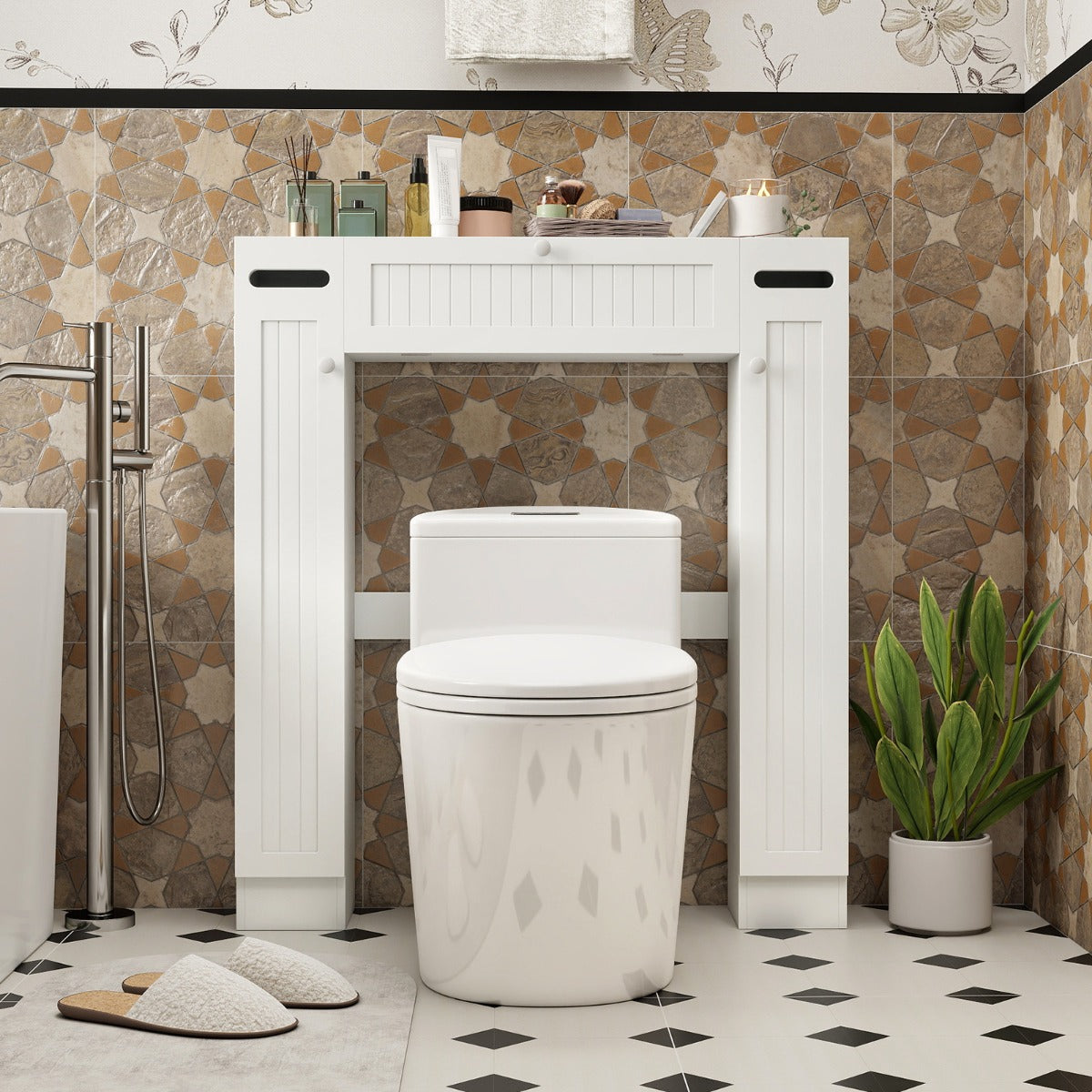 Livsk costway toiletkast boven toilet vrijstaande bovenkast met 2 zijdeuren toiletplank voor badkamer 6