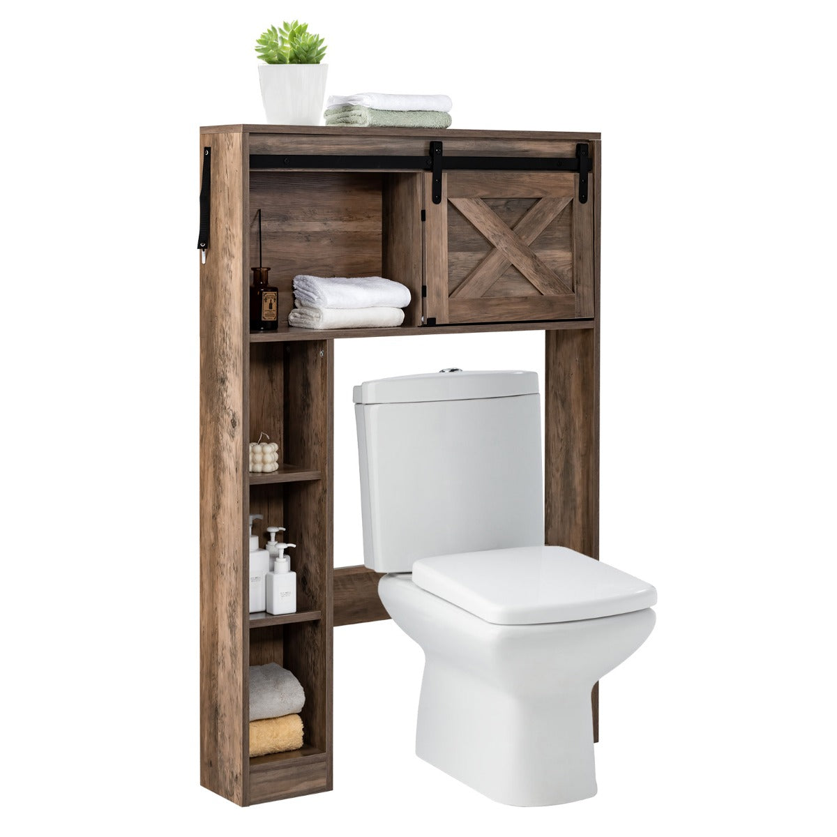 LIVSK Badkamerrek met Schuifdeur - Retro Houten Toiletkast - Grote Opbergruimte - Kantelbescherming - 84 x 17 x 128 cm - Bruin