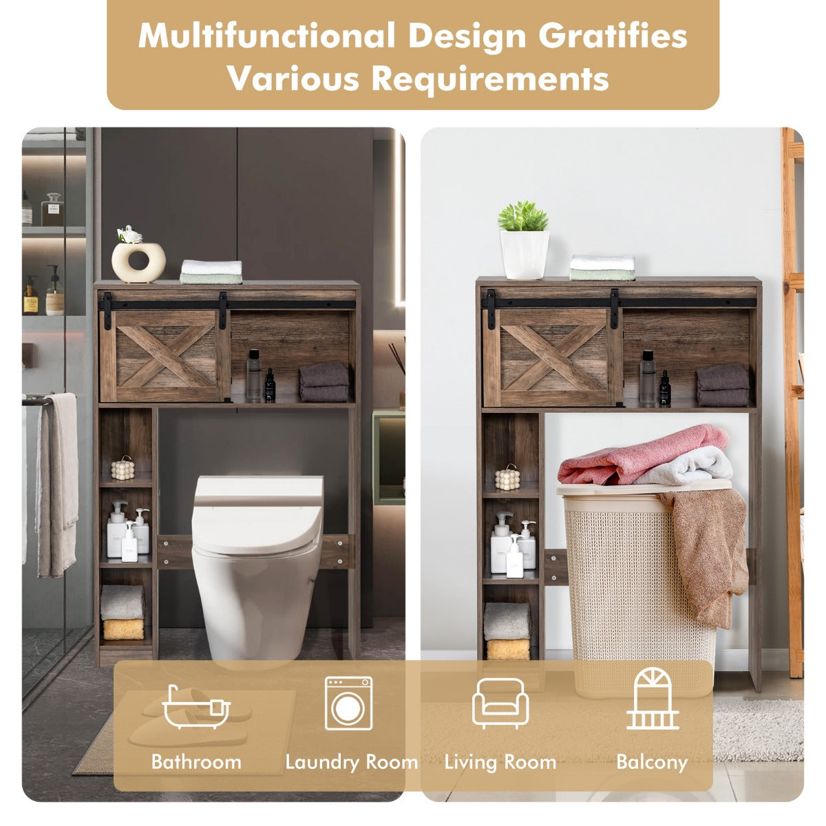 LIVSK Badkamerrek met Schuifdeur - Retro Houten Toiletkast - Grote Opbergruimte - Kantelbescherming - 84 x 17 x 128 cm - Bruin