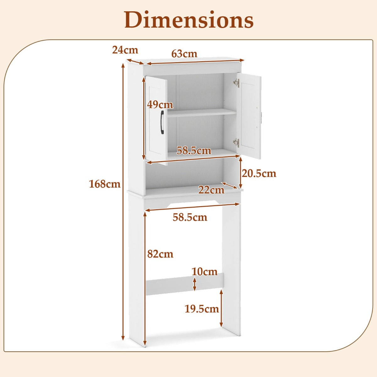 Livsk costway toiletkast wasmachinekast 168 x 63 x 24 cm vrijstaande badkamerkast met verstelbare planken en dubbele deuren 2