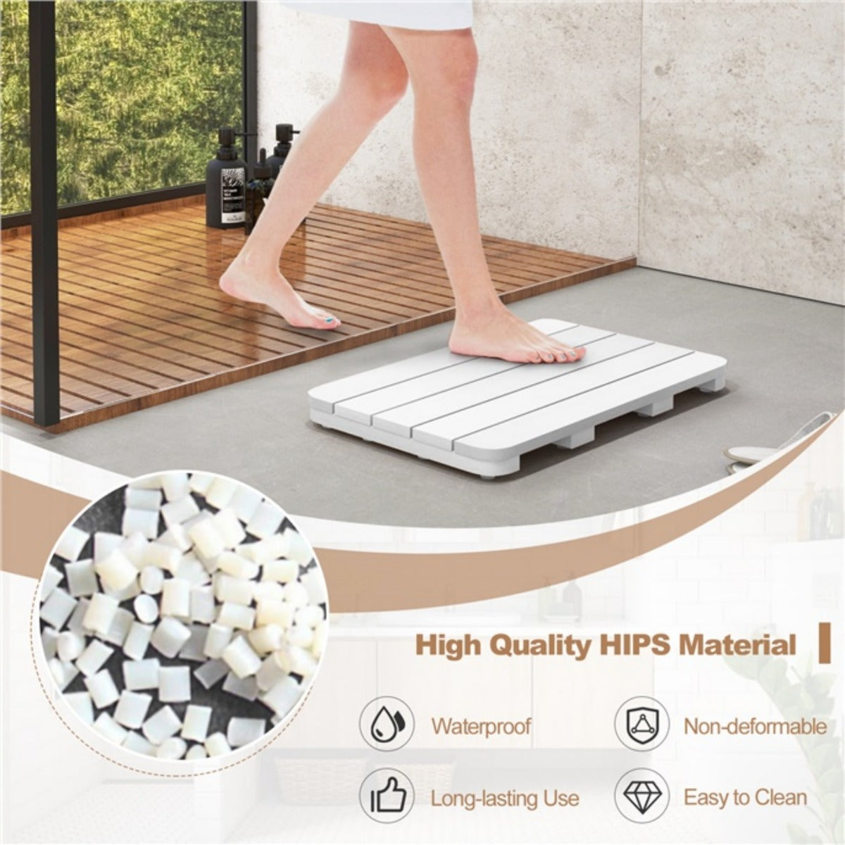 LIVSK Waterdichte Badmat van HIPS - Antislip met Rubberen Kussentjes - Voor Binnen en Buiten - 55 x 34 x 4,5 cm - Bruin/Wit