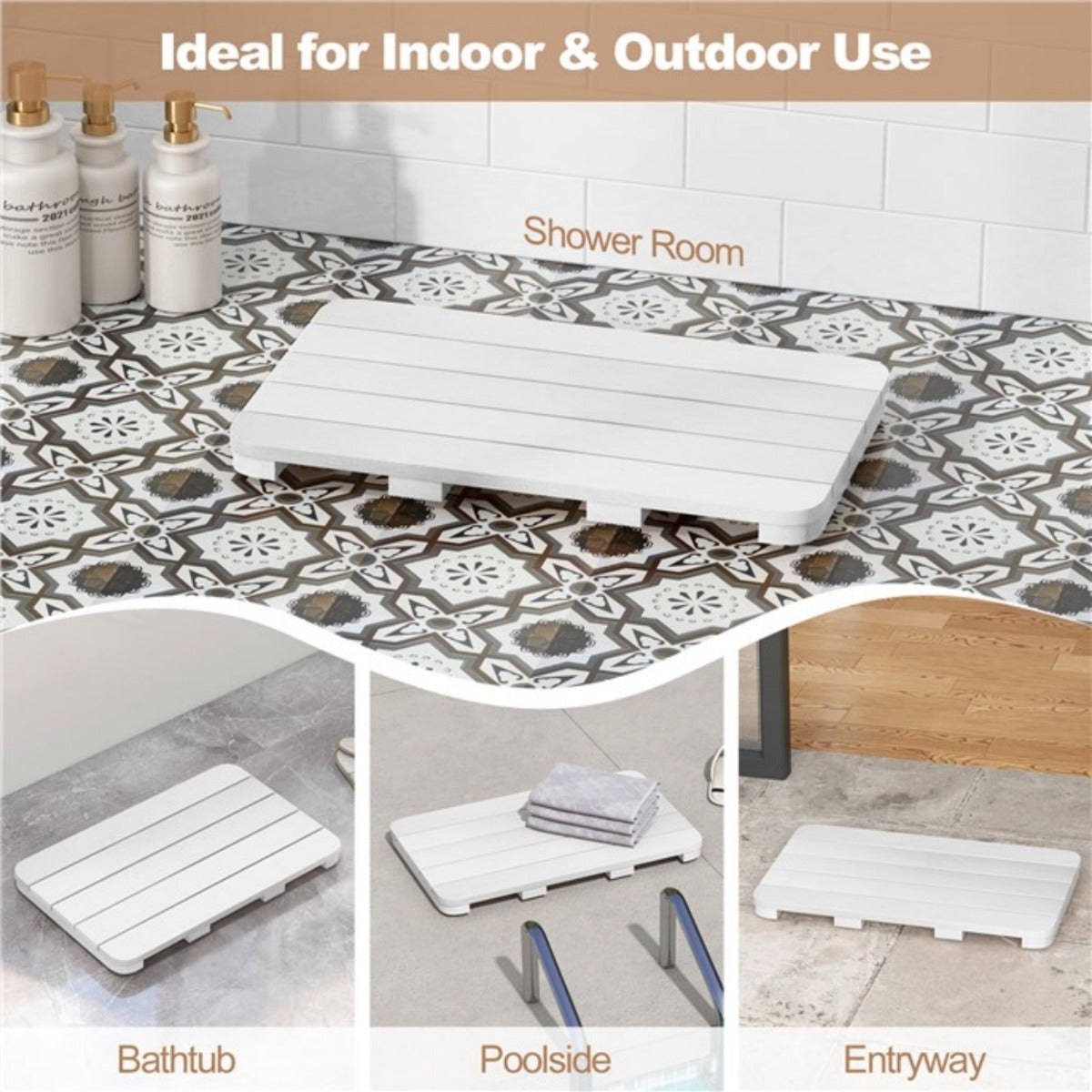 LIVSK Waterdichte Badmat van HIPS - Antislip met Rubberen Kussentjes - Voor Binnen en Buiten - 55 x 34 x 4,5 cm - Bruin/Wit