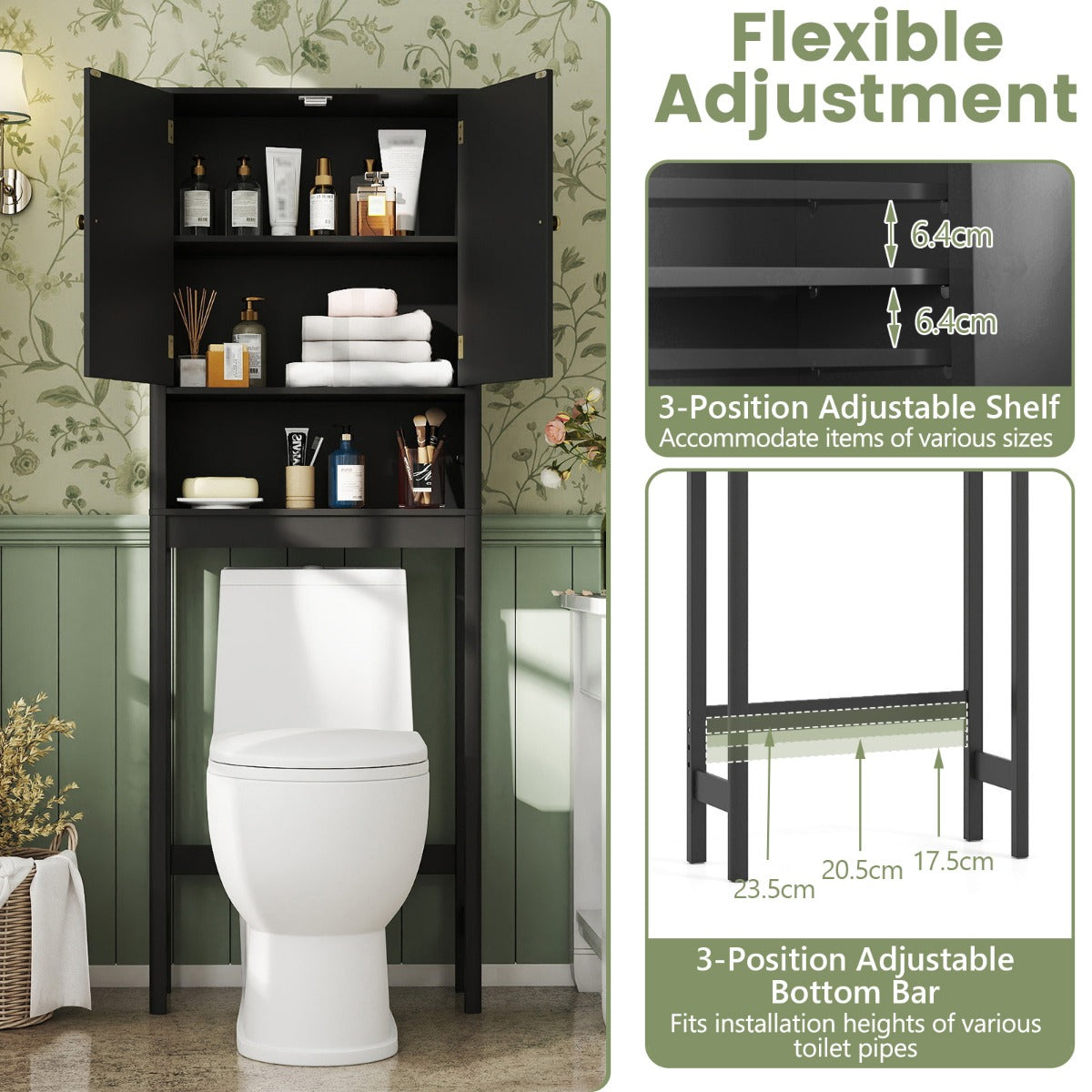 Livsk costway toiletplank toiletplank met verstelbare planken toiletkast met kastje zwart 5