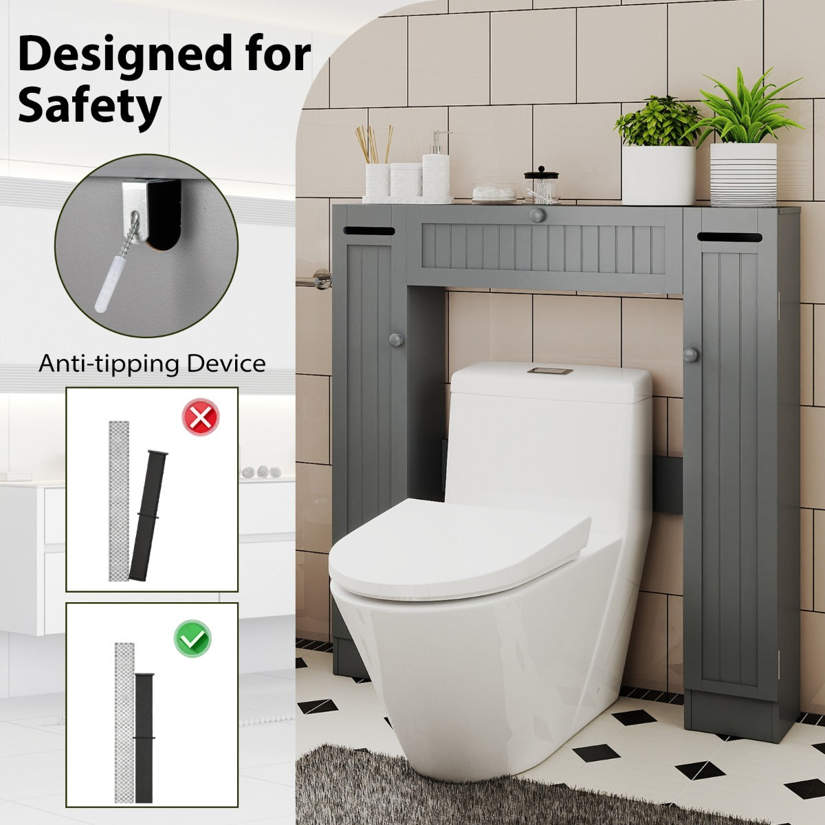 Livsk costway toiletplank vrijstaande wastafelmeubel met verstelbare plank toiletrolhouder grijs 4