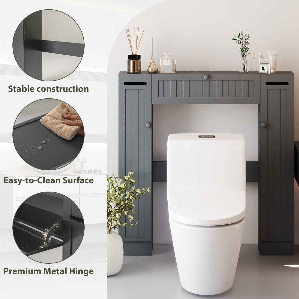 Livsk costway toiletplank vrijstaande wastafelmeubel met verstelbare plank toiletrolhouder grijs 5