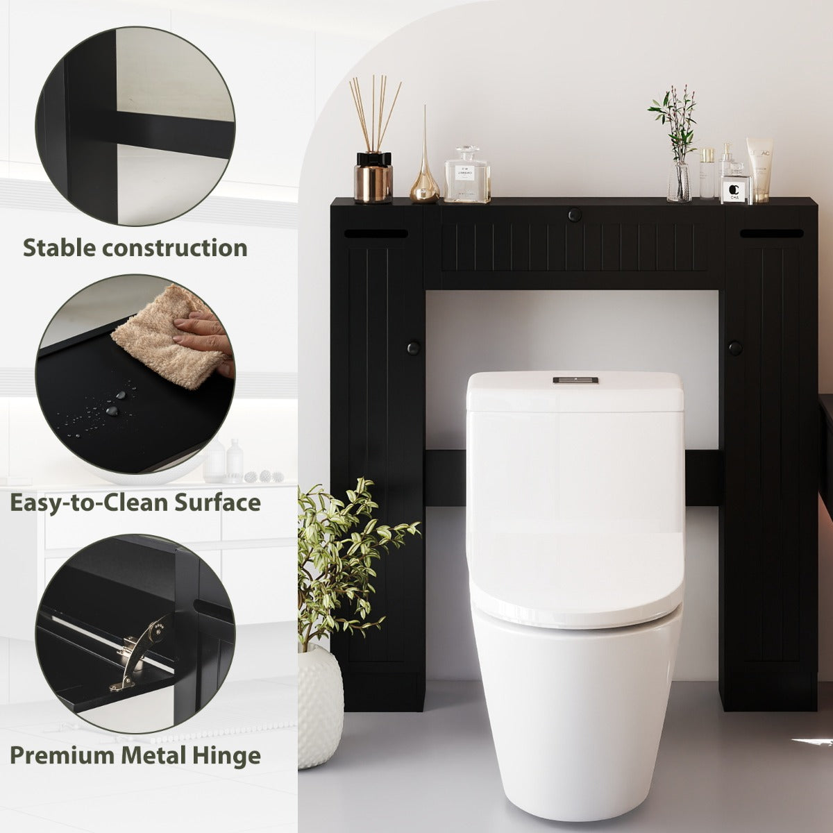 Livsk costway toiletplank vrijstaande wastafelmeubel met verstelbare plank toiletrolhouder zwart 4