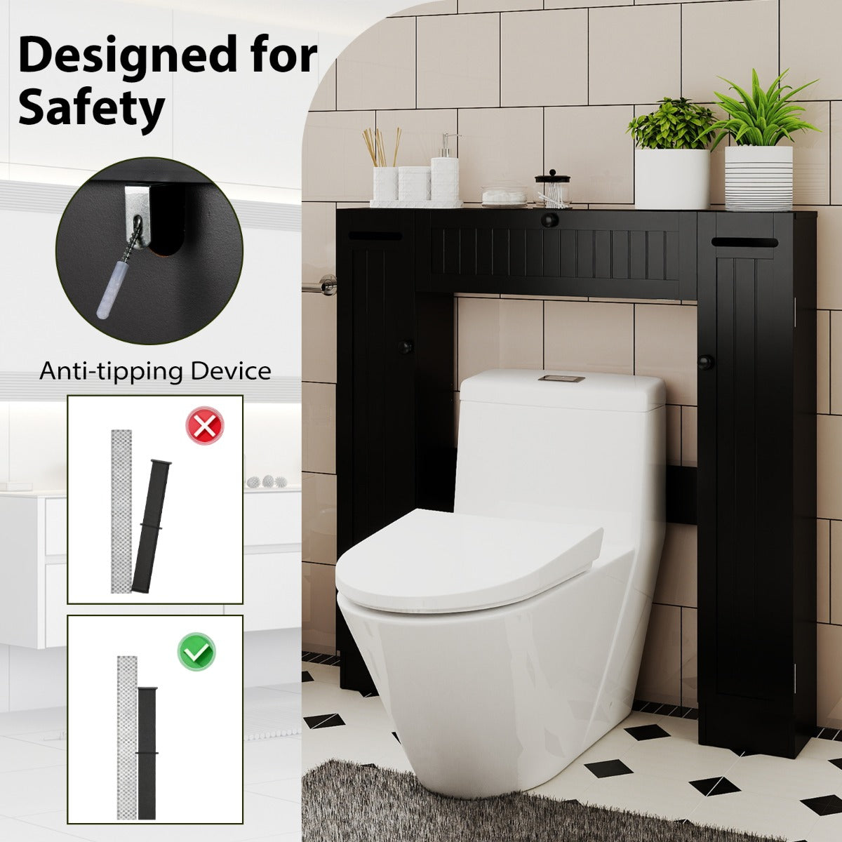 Livsk costway toiletplank vrijstaande wastafelmeubel met verstelbare plank toiletrolhouder zwart 5