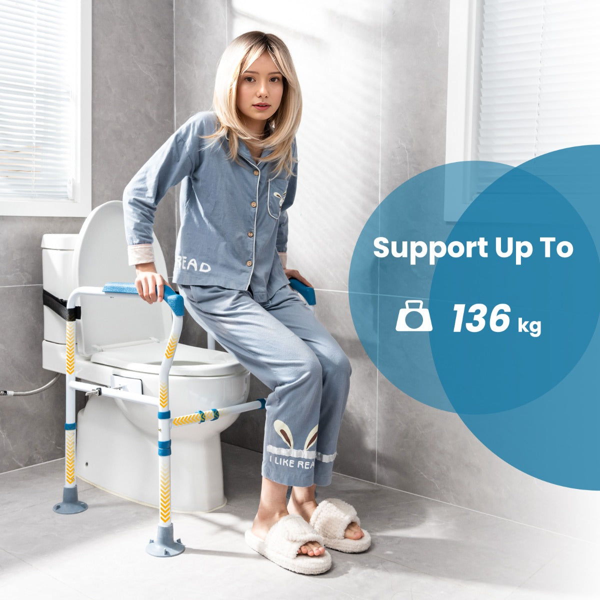 LIVSK Toiletveiligheidsleuning - Verstelbaar in Hoogte en Breedte - Robuust Koolstofstaal - Tot 136 kg - Blauw + Wit