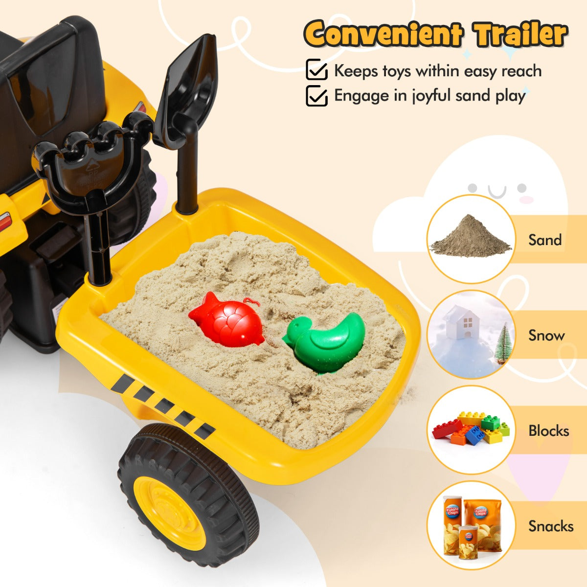 LIVSK Kindertractor met Caterpillar-licentie - Piep-geluiden en LED-verlichting - Inclusief aanhanger en strandgereedschap - Geel