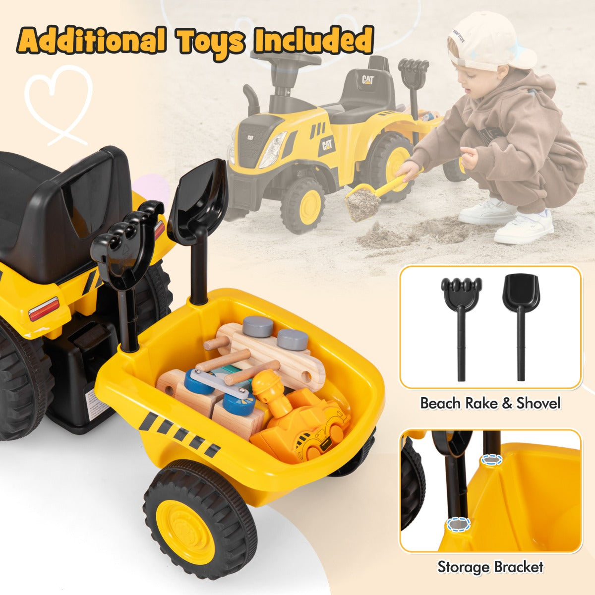 LIVSK Kindertractor met Caterpillar-licentie - Piep-geluiden en LED-verlichting - Inclusief aanhanger en strandgereedschap - Geel