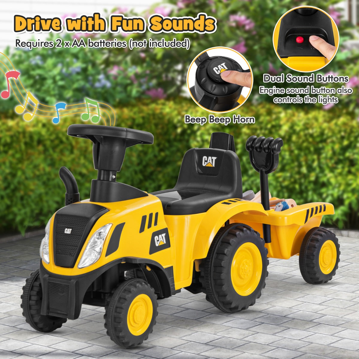LIVSK Kindertractor met Caterpillar-licentie - Piep-geluiden en LED-verlichting - Inclusief aanhanger en strandgereedschap - Geel