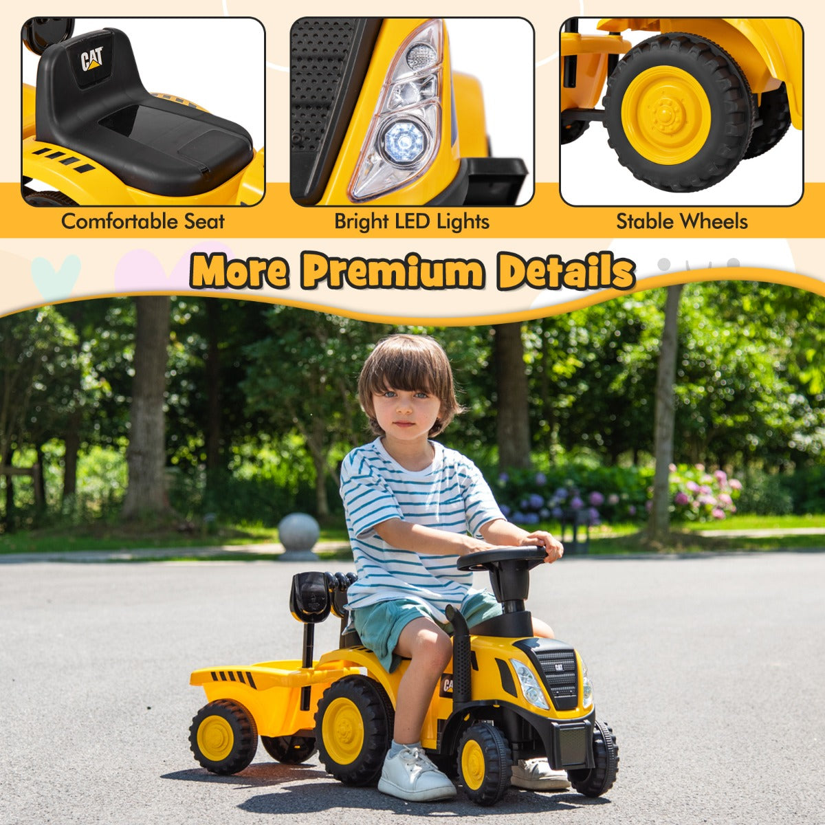 LIVSK Kindertractor met Caterpillar-licentie - Piep-geluiden en LED-verlichting - Inclusief aanhanger en strandgereedschap - Geel