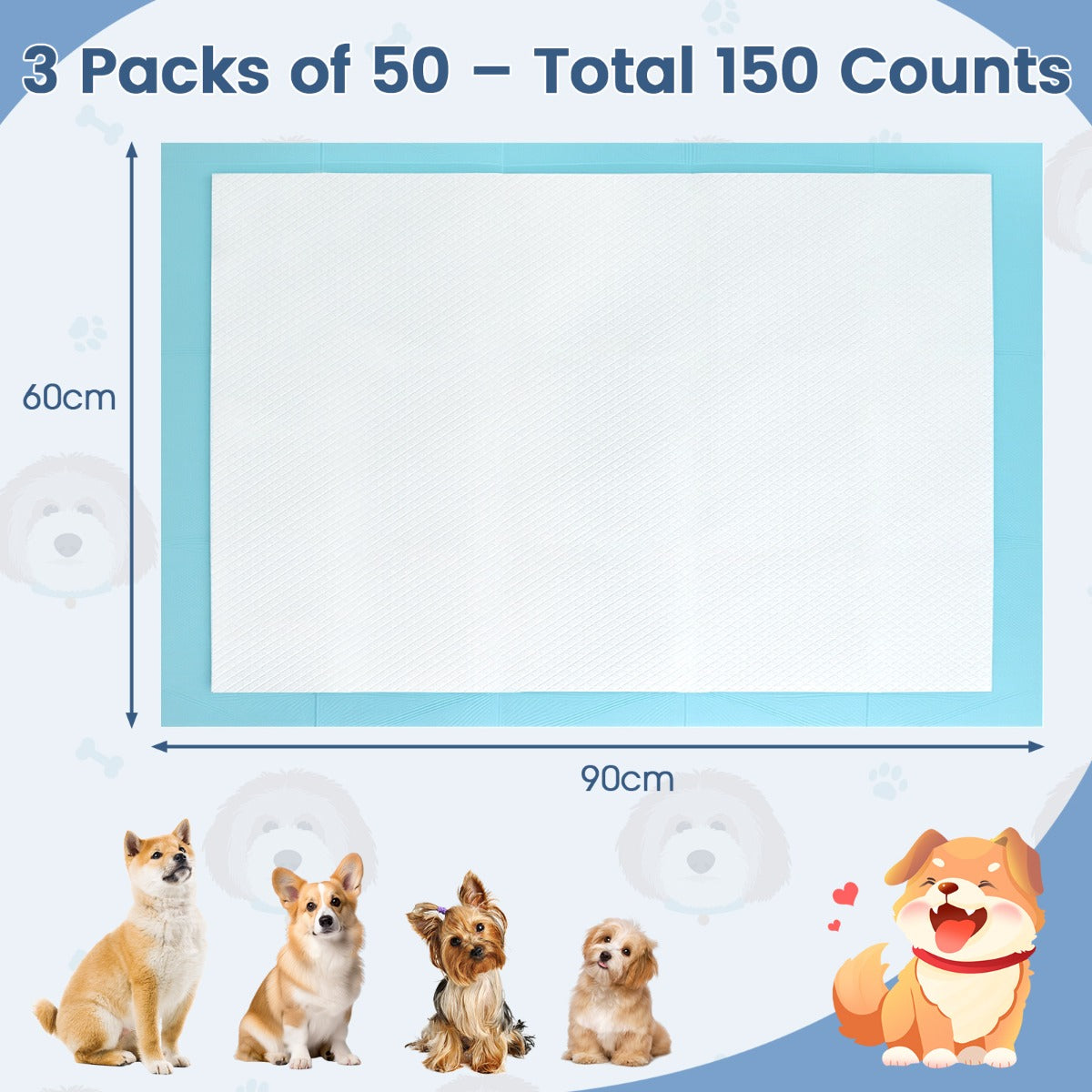 LIVSK Honden- en Puppy-Urinepads - 6-laags Ontwerp - 150 Stuks - Geschikt voor Honden, Katten en Meer - 90 x 60 cm - Blauw+Wit