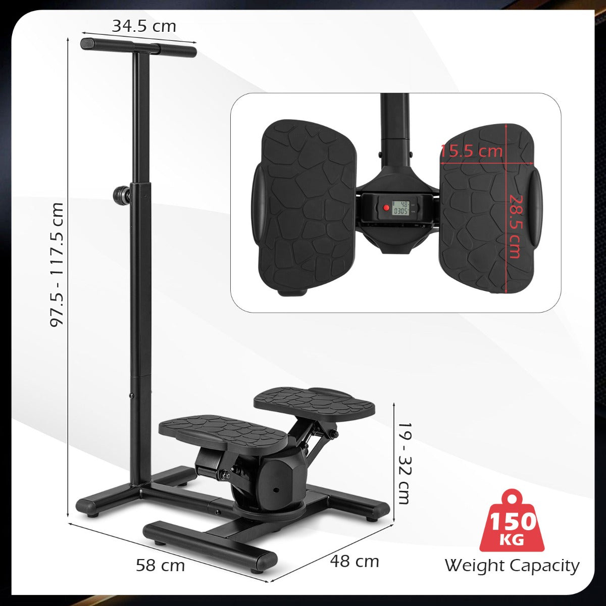 LIVSK Twist Stepper - 360° Draaibeweging - Verstelbaar Stuur - Hydraulische Weerstand - LCD-Display - Tot 136 kg - Zwart