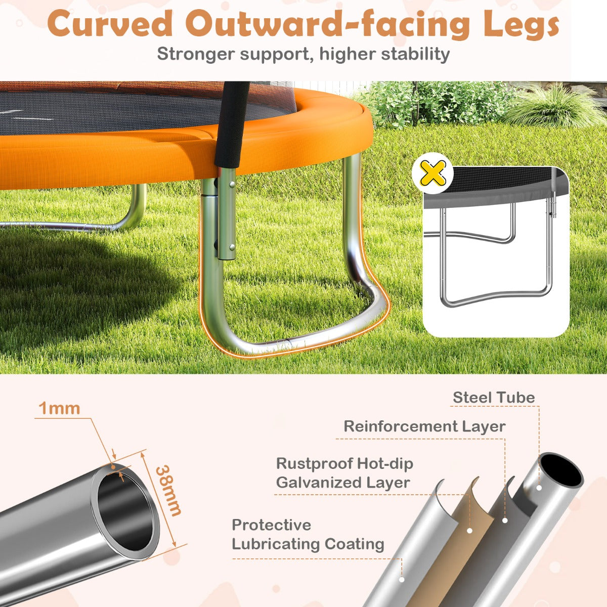 LIVSK Tuintrampoline met Veiligheidsnet en Ladder - Ø244 cm - Gebogen Stangen voor Stabiliteit - Voor Kinderen 3+ - Oranje