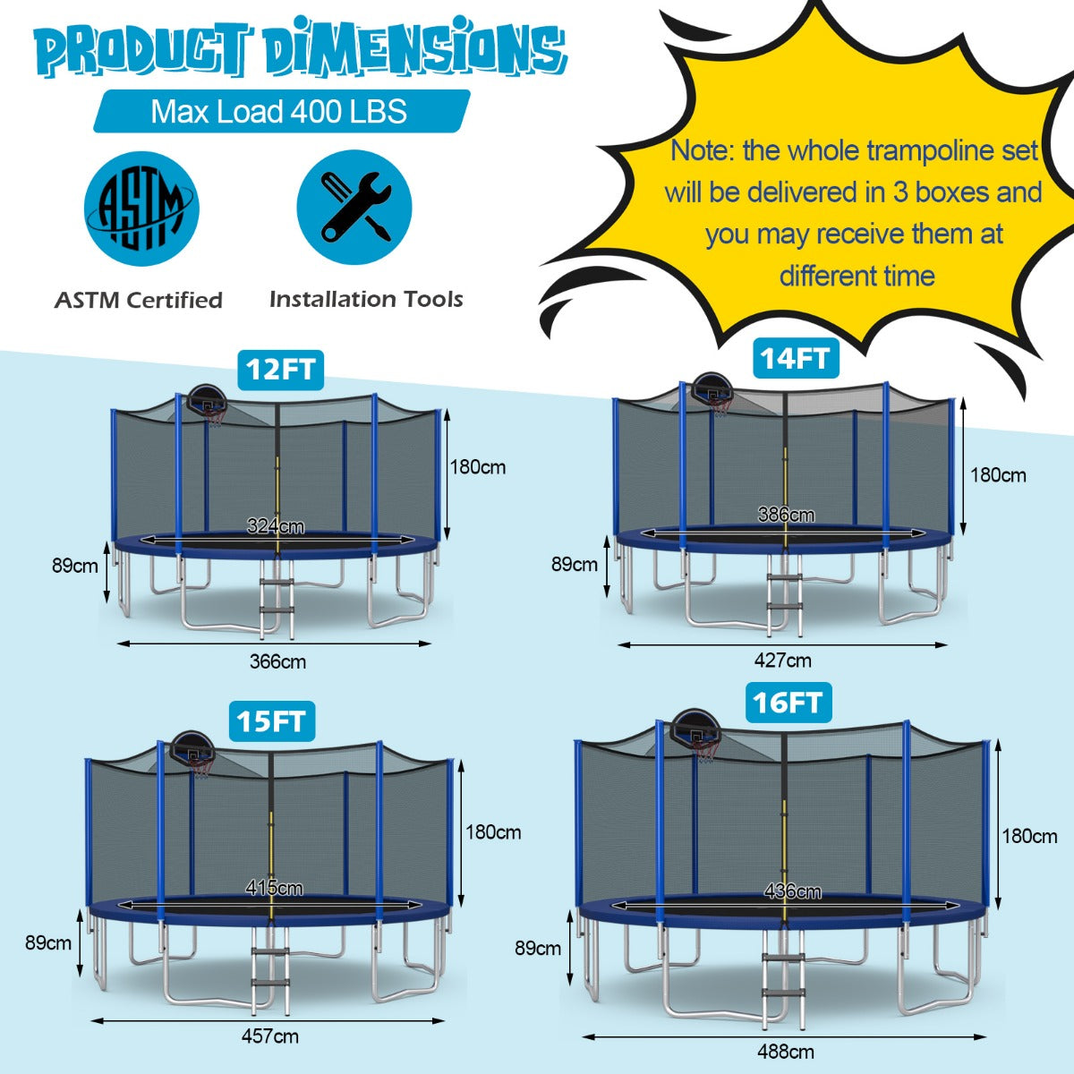 LIVSK Tuintrampoline met Basketbalring en Veiligheidsnet - Stabiel Stalen Frame - 72 Veren - 366 x 366 x 272 cm - Zwart + Blauw