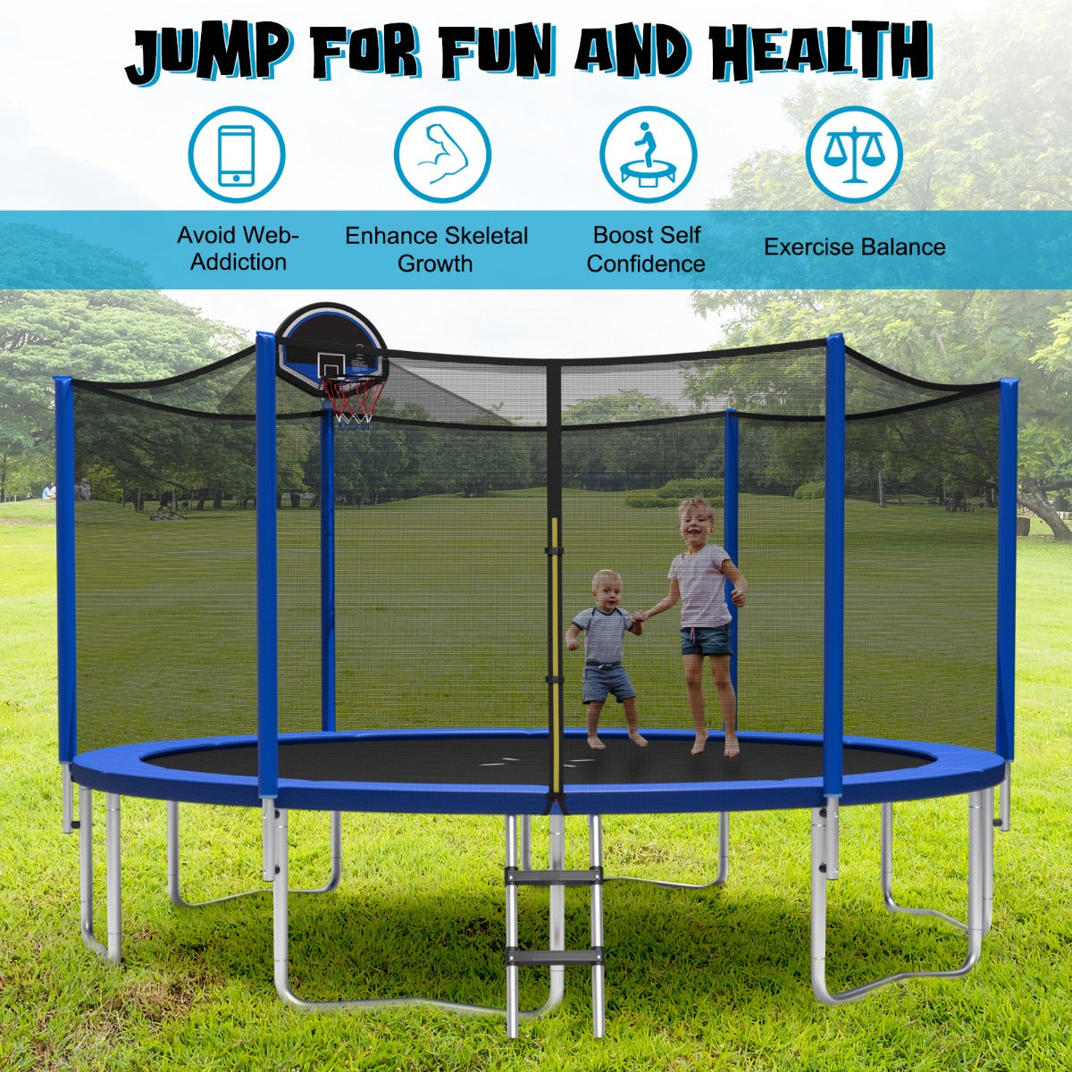 LIVSK Tuintrampoline met Basketbalring en Veiligheidsnet - Stabiel Stalen Frame - 72 Veren - 366 x 366 x 272 cm - Zwart + Blauw