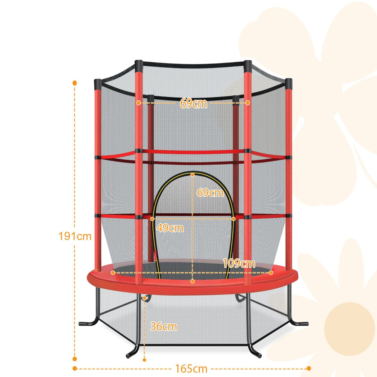 LIVSK Peutert trampoline - 360° veiligheidsnet - Stabiliteit met gebogen poten - Voor binnen en buiten - Tot 135 kg - Rood