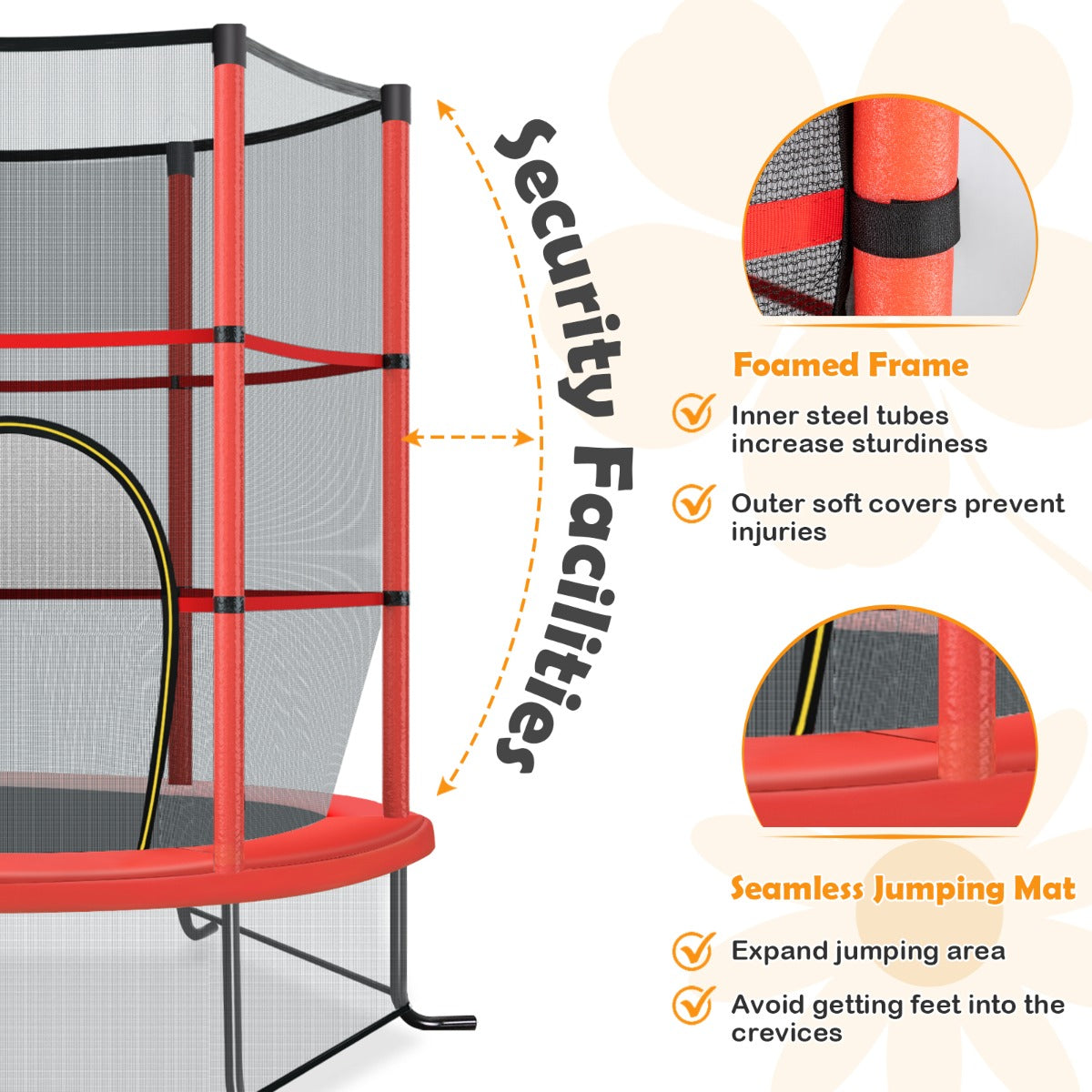 LIVSK Peutert trampoline - 360° veiligheidsnet - Stabiliteit met gebogen poten - Voor binnen en buiten - Tot 135 kg - Rood