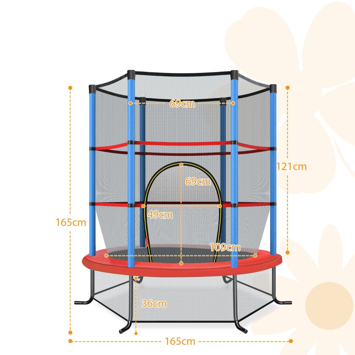 LIVSK Recreatieve Trampoline voor Kinderen - 360° Veiligheidsnet - Stabiele Gebogen Poten - 30 Hoge-elasticiteitstouwen -