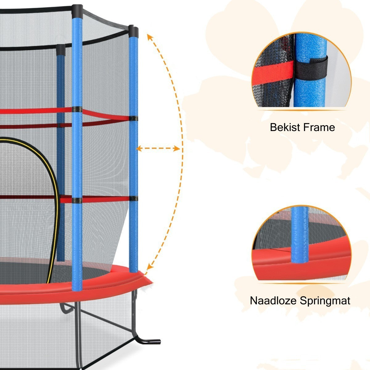 LIVSK Recreatieve Trampoline voor Kinderen - 360° Veiligheidsnet - Stabiele Gebogen Poten - 30 Hoge-elasticiteitstouwen -