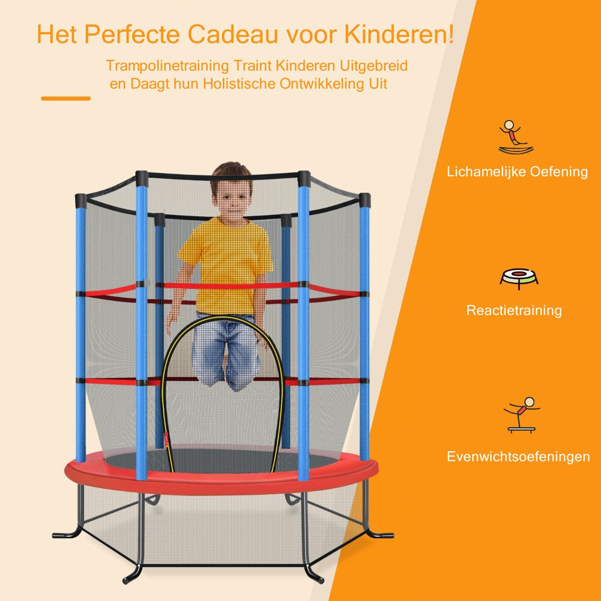 LIVSK Recreatieve Trampoline voor Kinderen - 360° Veiligheidsnet - Stabiele Gebogen Poten - 30 Hoge-elasticiteitstouwen -