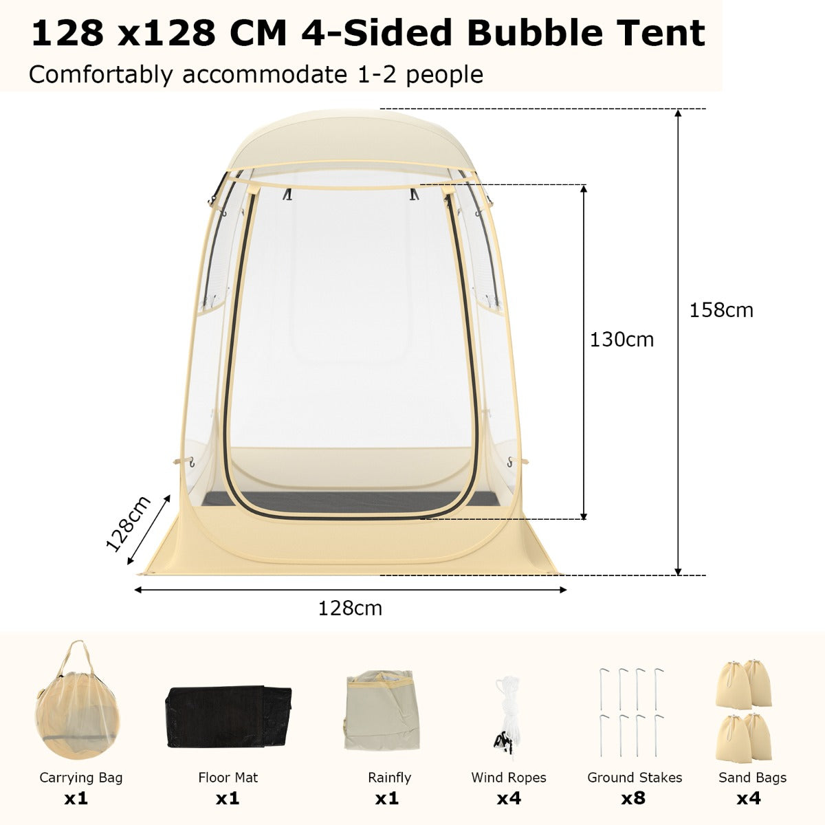 LIVSK Outdoor Luchtkussentent - Pop-up Structuur - Weerbestendig - Panoramisch Zicht voor 1-2 Personen - 128 x 128 x 158 cm -